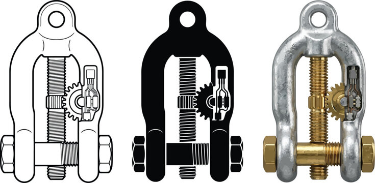 Detailed industrial shackle with an internal screw and gear mechanism shown in line art solid black and realistic metal rendering perfect for engineering construction and technical design
