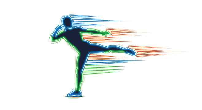A dynamic athletic runner silhouette sprints forward with vibrant motion blur trails against a pristine white background in a high-contrast blue aesthetic.