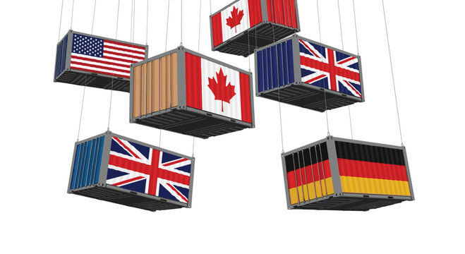 Several heavy metallic freight containers displaying diverse national flags dangle from thin wires against a minimalist white backdrop with matte texture.