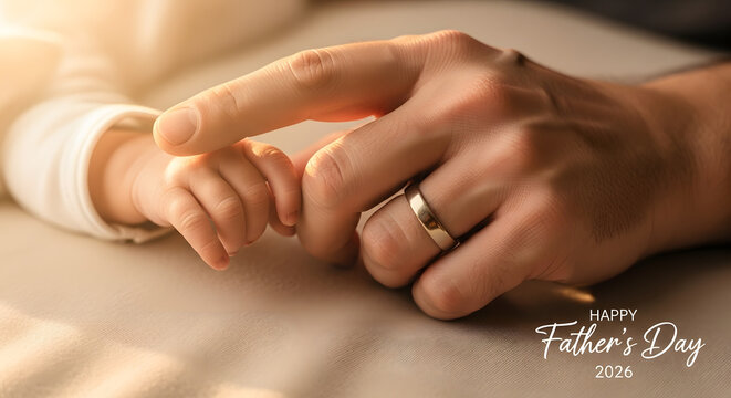 Father holding newborn baby fingers in tender family moment at home