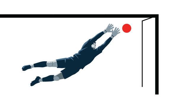 An agile goalkeeper wearing a sleek dark navy uniform executes a powerful leap to intercept a bright red ball near the stark black frame of the goal.