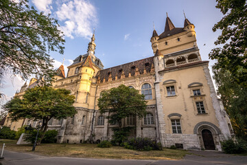 Obraz premium Vajdahunyad Castle in Budapest, the capital of Hungary. The ornate design of this lakeside castle from 1896 is an example of the evolution of Hungarian architecture.