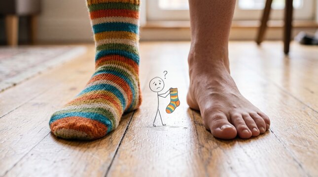 A bare foot and a foot in a striped sock stand on wood. A tiny drawn figure confusedly holds a mini matching sock. It playfully depicts the universal mystery of missing laundry.