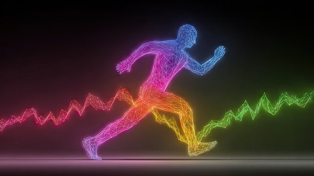 Glowing multicolored wireframe runner with digital wave background.