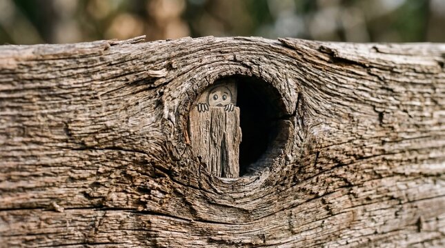 Weathered, cracked wood features a dark knothole. A tiny drawn stick figure peeks out from inside with a scared expression. It conveys relatable feelings of shyness or hiding.