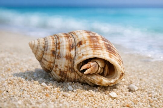 A worn-down shell on the sandy beach near the ocean, with waves crashing in the background