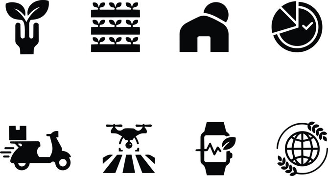Agriculture technology and pie chart, smart farming, and delivery scooter icons set and food production in outline style