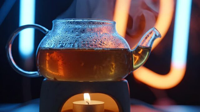 Steaming Glass Teapot on Warmer with Neon Lights - A glass teapot filled with amber tea sits on a warming stand with a lit candle.