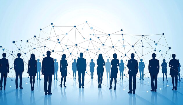 A group of people silhouettes in business attire standing on a blue floor with a network of lines and nodes behind them