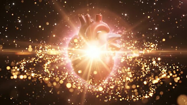 Glowing Heart With Golden Particle Explosion - A stylized human heart glows brightly at the center, emitting powerful light beams and surrounded by a swirling vortex of golden particles and bokeh.
