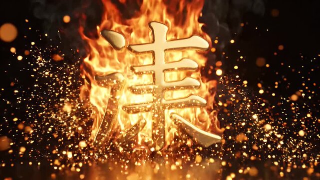 Fiery Golden Chinese Character Dong with Sparks - A majestic, glossy golden Chinese character, identified as "Dong," is enveloped in intense flames and surrounded by a cascade of glowing, fiery