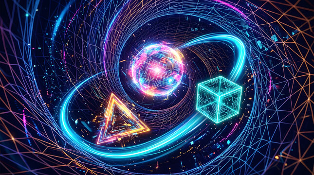 Vibrant abstract representation of quantum computing and data flow within a futuristic digital network, featuring glowing geometric shapes and interconnected energy pathways