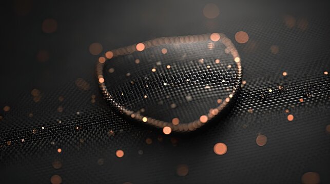 Golden particle shield icon on black digital mesh background.