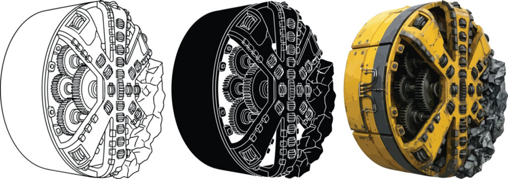 Industrial tunnel boring machine cutter head vector illustration set depicting outline solid and detailed styles for heavy construction and mining engineering