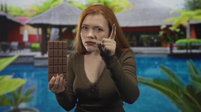 Woman redhead holding large chocolate bar pointing index finger at camera in studio pool villa set; accusation temptation warning.