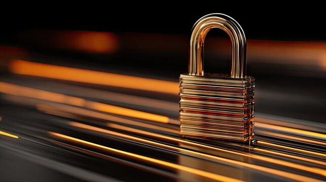 Gold padlock on fast moving digital data lines background.