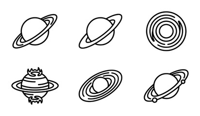 Cosmic Planets Icons Set, Celestial Bodies Vector Graphics, Ringed Worlds and Orbits, Space Exploration Symbols © Jahidul