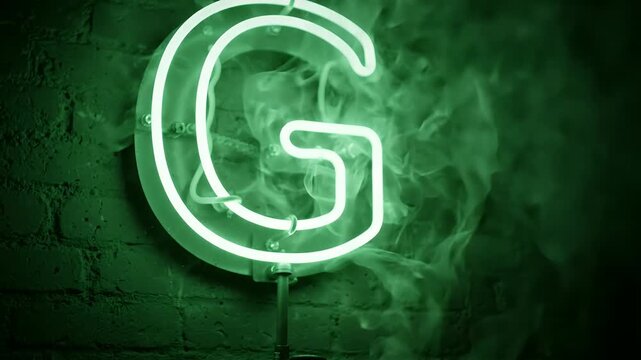 Green Neon Letter G Sign Glowing Amidst Smoke on Brick Wall - A bright green neon letter "G" sign illuminates against a dark, textured brick wall.