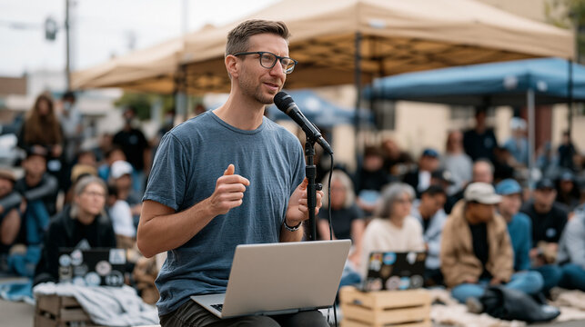 A developer advocate speaking at an open-source community unconference held outdoors under canopy tents, laptop stickers visible on crowd devices, overcast autumn afternoon,