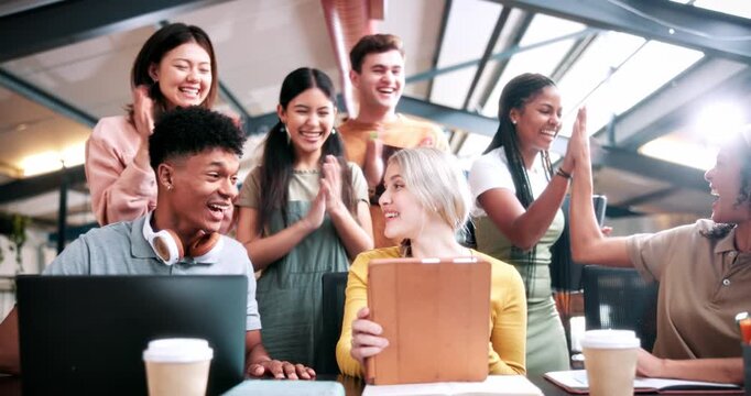 Success, high five or people in college with tablet, thesis results or good news on team project. University, win or students with clap, academic achievement or lecturer approval on group submission.