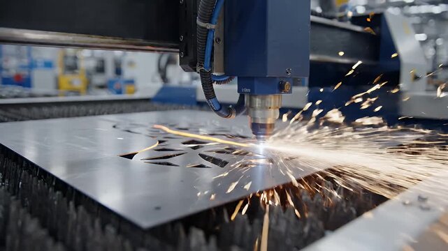 Precision Laser Cutting Metal Plate Sparks - A high-precision laser cutting machine in operation, intensely focused on a metal plate. Sparks fly as the laser cuts intricate patterns into the material.