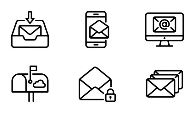 Email Icons Set: Inbox, Mobile Mail, Computer Email, Mailbox, Secure Envelope, Stacked Letters, Digital Communication Graphics