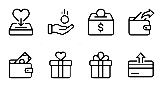 Charity Donation & Financial Transaction Icons: Giving, Wallet, Gift Box, Credit Card, Money Transfer, Contribution Set