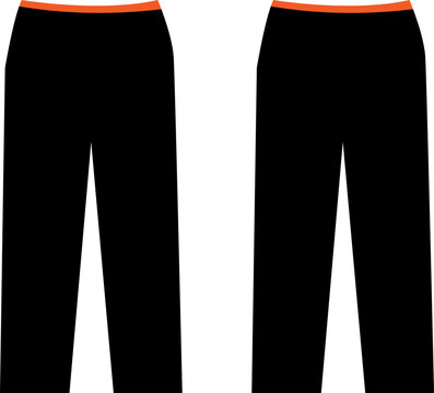 Black athletic sweatpants vector mockup, front and back view of sports trousers with orange waistband, technical apparel flat sketch