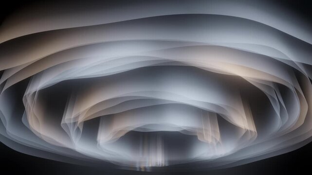 Abstract circular glowing light layers with motion blur and soft warm tones on dark background. Concentric translucent rings create depth, mystery, and elegant luminosity.