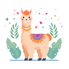Fototapeta premium Cute llama illustration with leaves and confetti