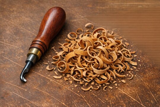 A wooden block and a wood carving tool sit together, waiting for artistic creation