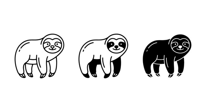 Cute Sloth Vector Icons, Simple Line Art Animal Graphics, Black and White Mammal Illustrations