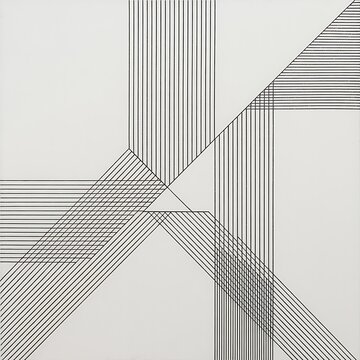 Geometric abstract composition of thin black parallel lines intersecting and converging on a white background, creating a sense of optical illusion and structured patterns