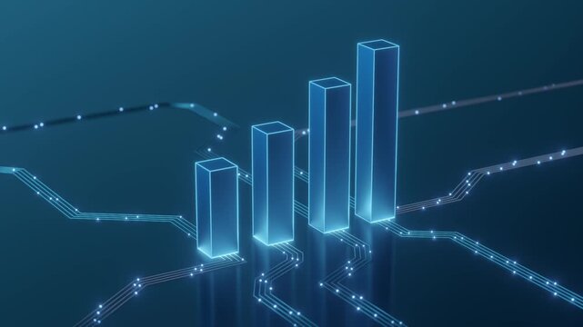 Glowing 3D bar chart with neon blue light and circuit board lines on dark blue background. Digital growth graph concept for business, finance, technology, and data analytics presentation.
