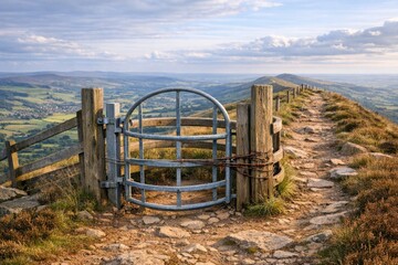 Fototapeta premium A scenic gate sits atop a mountain, offering a breathtaking view of the valley below