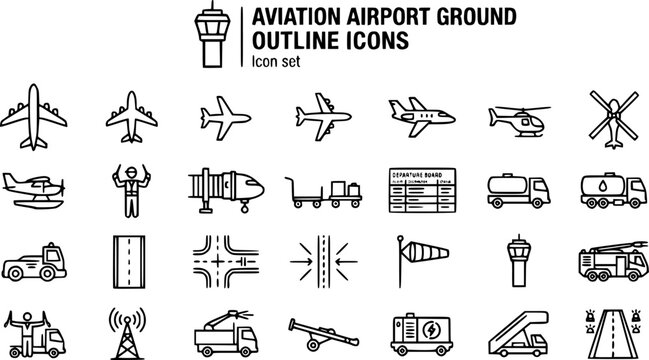 Aviation Airport Ground Outline Icon Set Commercial Aircraft Top View Private Jet Cargo Helicopter Seaplane Ground Crew Jet Bridge Baggage Fuel Pushback Runway Taxiway Windsock 25 Icons Editable 