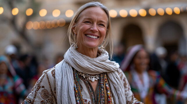 American tourist attempts to participate in a Rajasthani folk welcome ceremony, misreading the gestures and turning the wrong direction, local women patiently redirecting her with