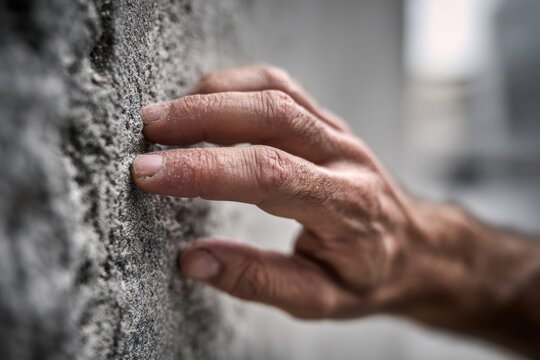 Fingertips tracing the grain of a weathered concrete surface in a close shot