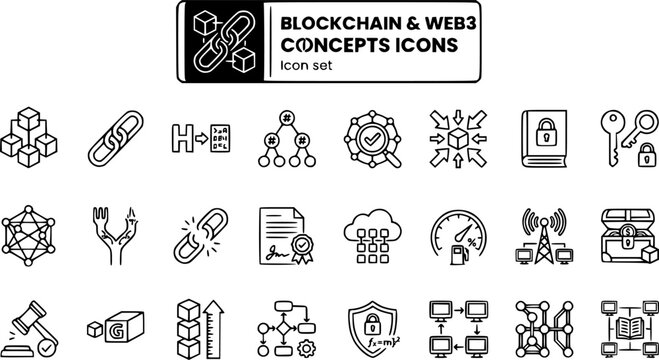 Blockchain Web3 Concepts Outline Icon Set Block Structure Chain Link Hash Merkle Tree Node Validator Consensus Immutable Ledger Key Digital Signature Smart Contract Decentralized 25 Icons Editable