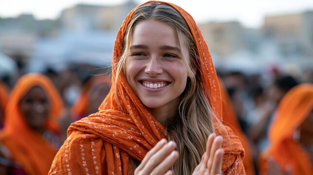 American tourist attempts to participate in a Rajasthani folk welcome ceremony, misreading the gestures and turning the wrong direction, local women patiently redirecting her with