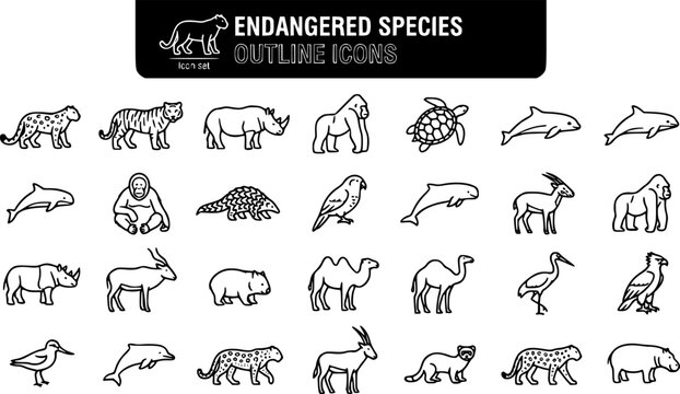 Endangered Species Outline Icon Set Snow Leopard Amur Tiger Black Rhino Mountain Gorilla Turtle Vaquita Orangutan Pangolin Kakapo Irrawaddy Dolphin Saola 25 Icons Editable Strokes Line Art