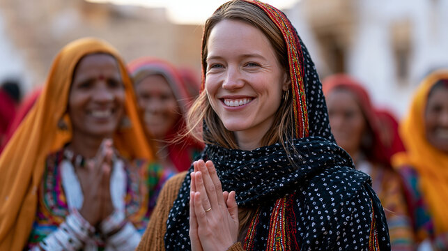 American tourist attempts to participate in a Rajasthani folk welcome ceremony, misreading the gestures and turning the wrong direction, local women patiently redirecting her with