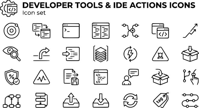 Developer Tools IDE Actions Outline Icon Set Breakpoint Refactor Terminal Diff Merge Conflict Watch Debug Step Call Stack Hot Reload Coverage Lint Format Snippet Git Blame 25 Icons Editable Strokes