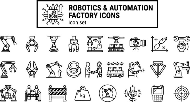Robotics Automation Factory Technical Line Art Icon Set Robotic Arm End Effector Pick Place Conveyor Vision Collision Path Planning Torque Gripper E-Stop Cobot Palletizer AGV 25 Icons Editable Strokes