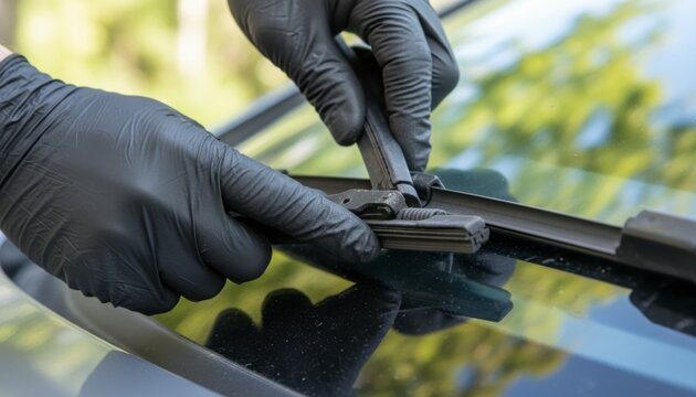 Hands in black gloves replacing a windshield wiper blade on a car