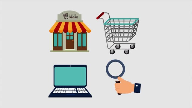 Web Based Product Search and Online Store Retail Selection Animation: Laptop, Shopping Cart, Storefront Building, and Hand Holding Magnifying Glass, Seamless Loop.