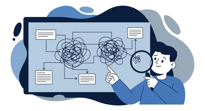 Businessman analyzes complex flowchart.