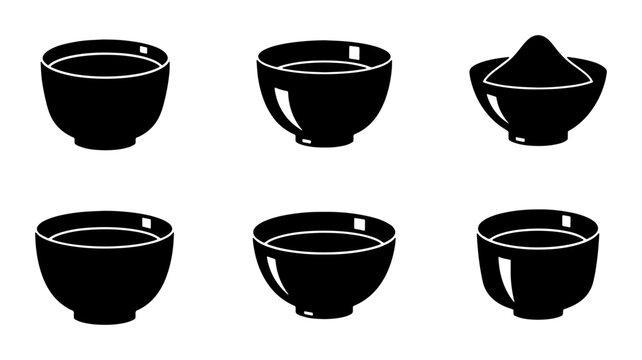 Black Ceramic Tea Bowls Collection, Matcha Powder and Beverage Set, Minimalist Japanese Drinkware Icons