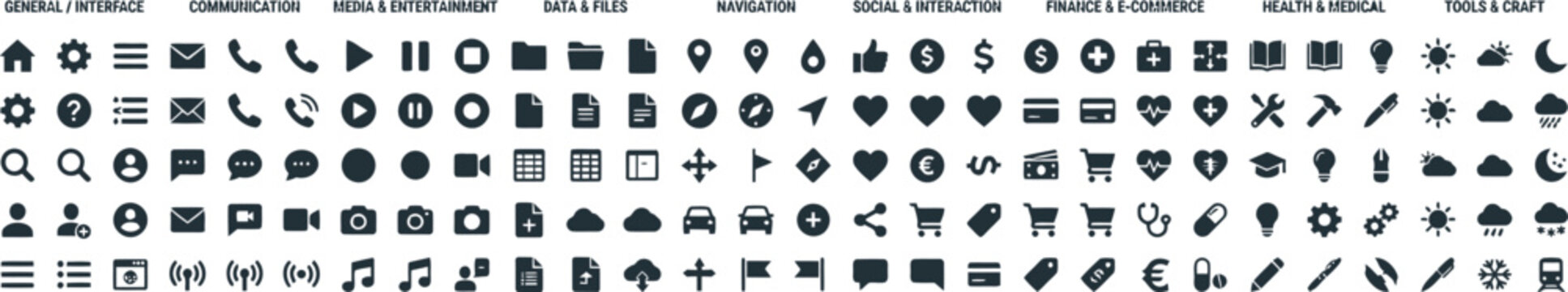 Universal Solid Glyphs UI Icons Mega Set, Flat Vector Interface Symbols Pack.