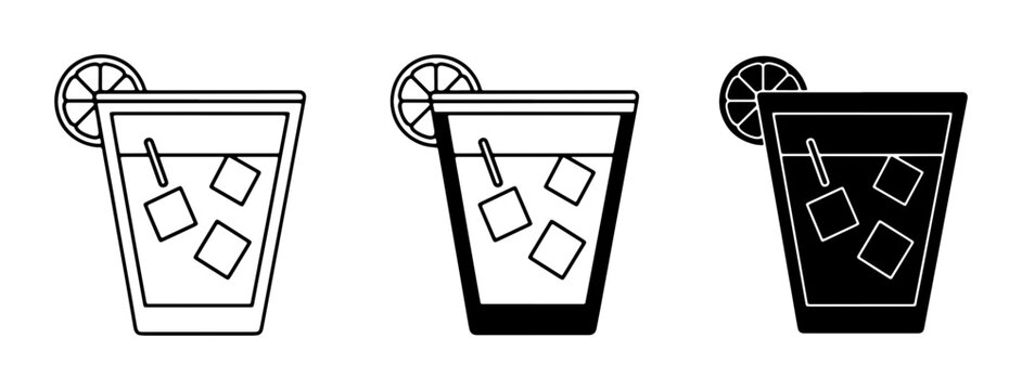 Refreshing Drink Icons, Ice Cubes and Lemon Slice, Vector Graphics for Refreshment and Beverage Concepts